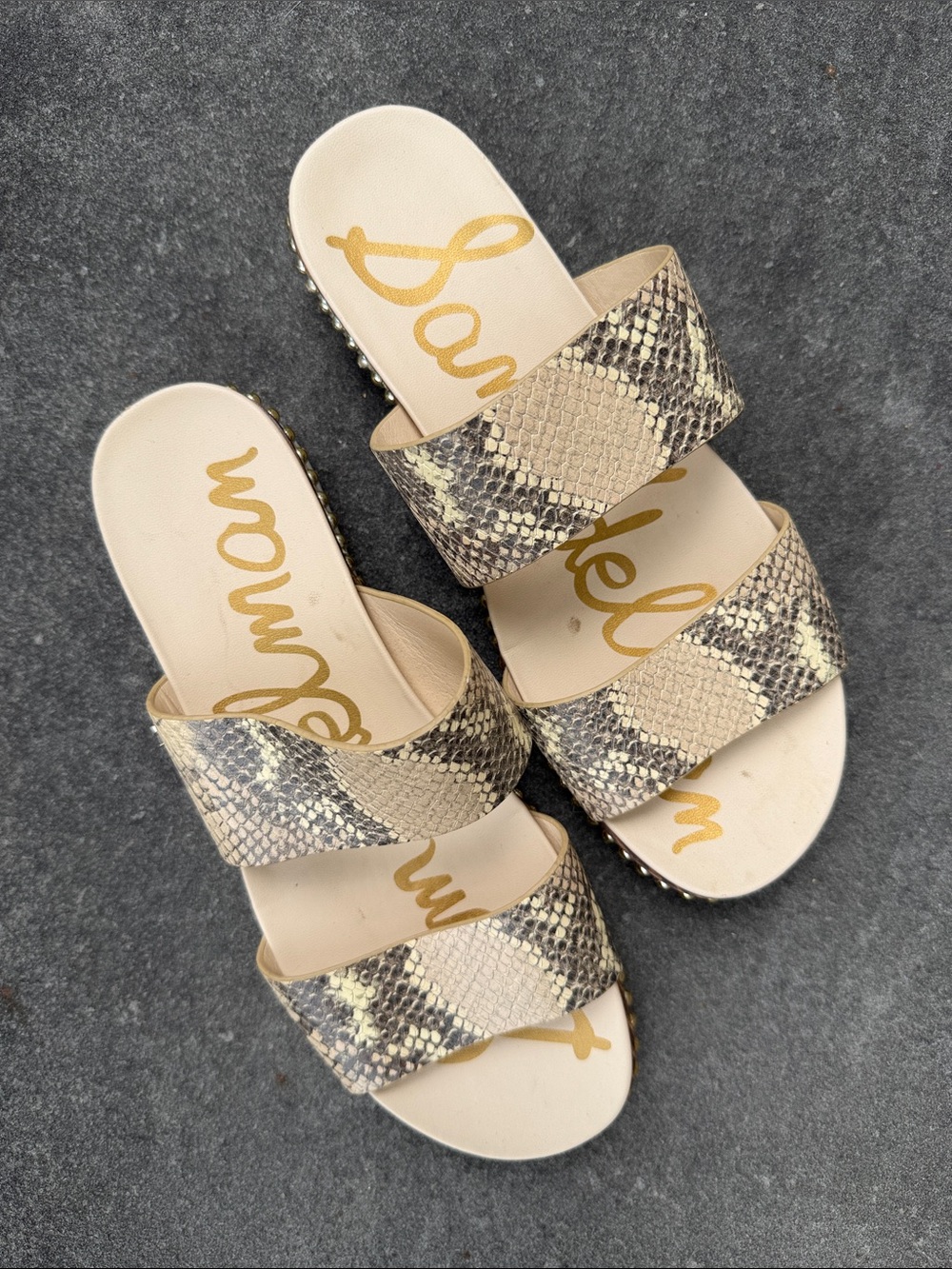 Sam Edelman Beige Snake-Print Double Strap Slide Sandals